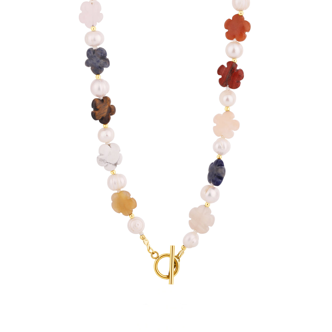 Floral Gemstone & Pearl Necklace – Customizable Letter Charm
