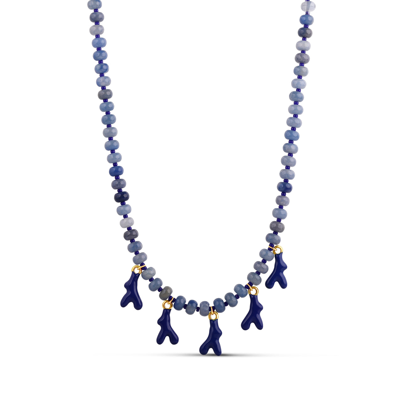 Blue Coral Branch Beaded Necklace - Natural Stone with Navy Charms 16" Waterproof