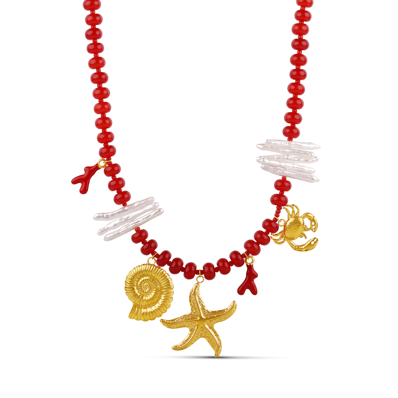 Red Coral Sea Life Charm Necklace - Pearl Accents & Gold Charms 16" Waterproof