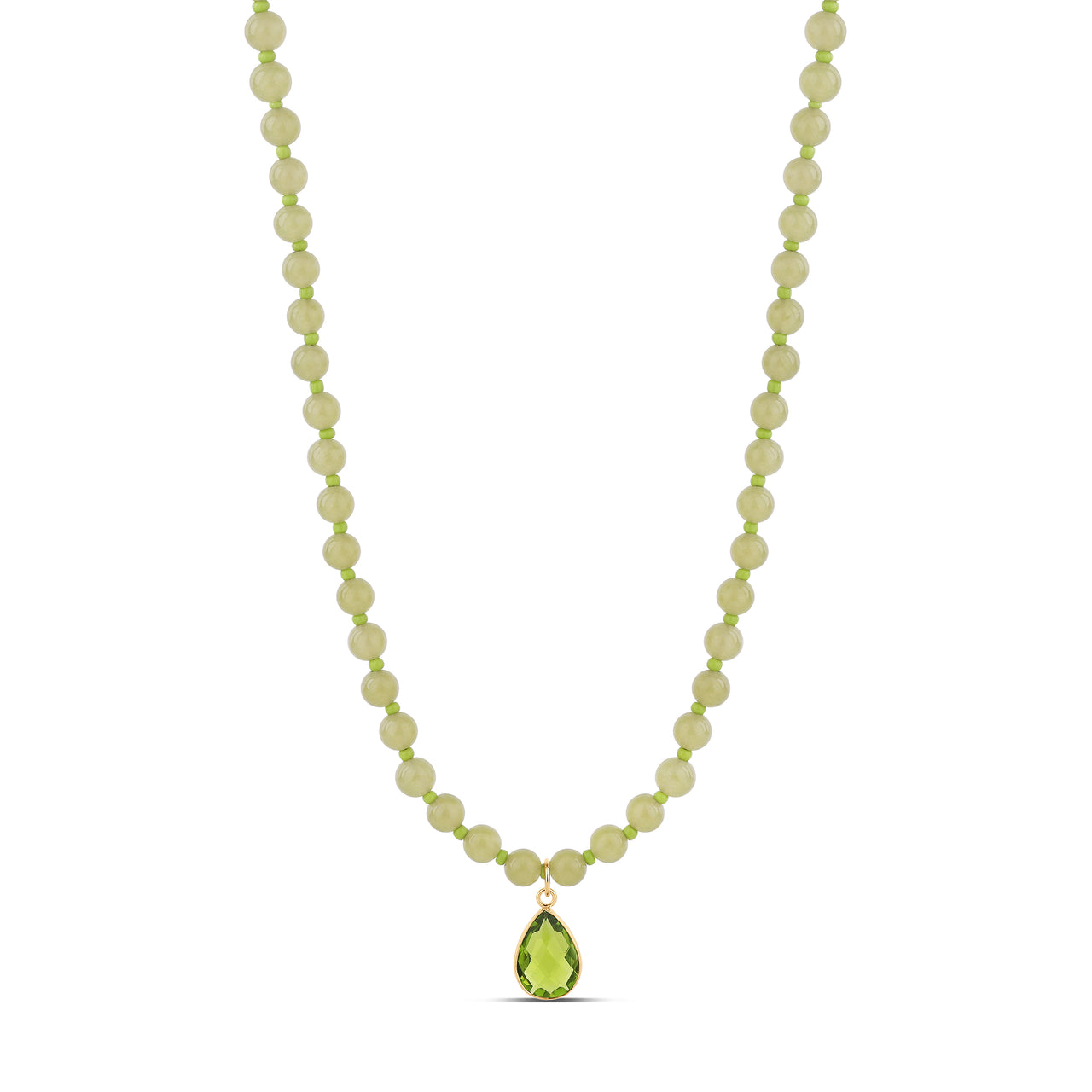 Lime Jade Bead Necklace with Green Teardrop Pendant