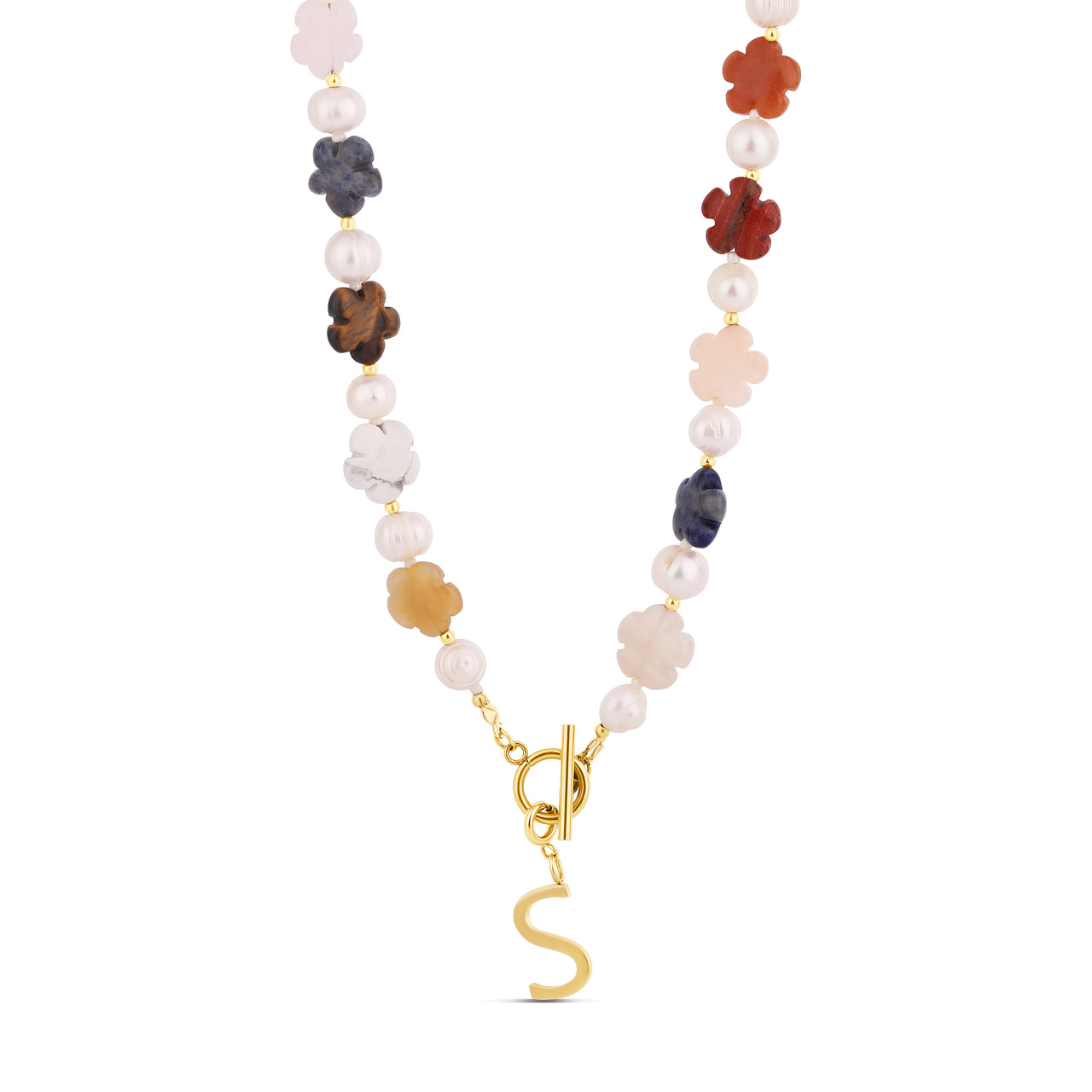 Floral Gemstone & Pearl Necklace – Customizable Letter Charm