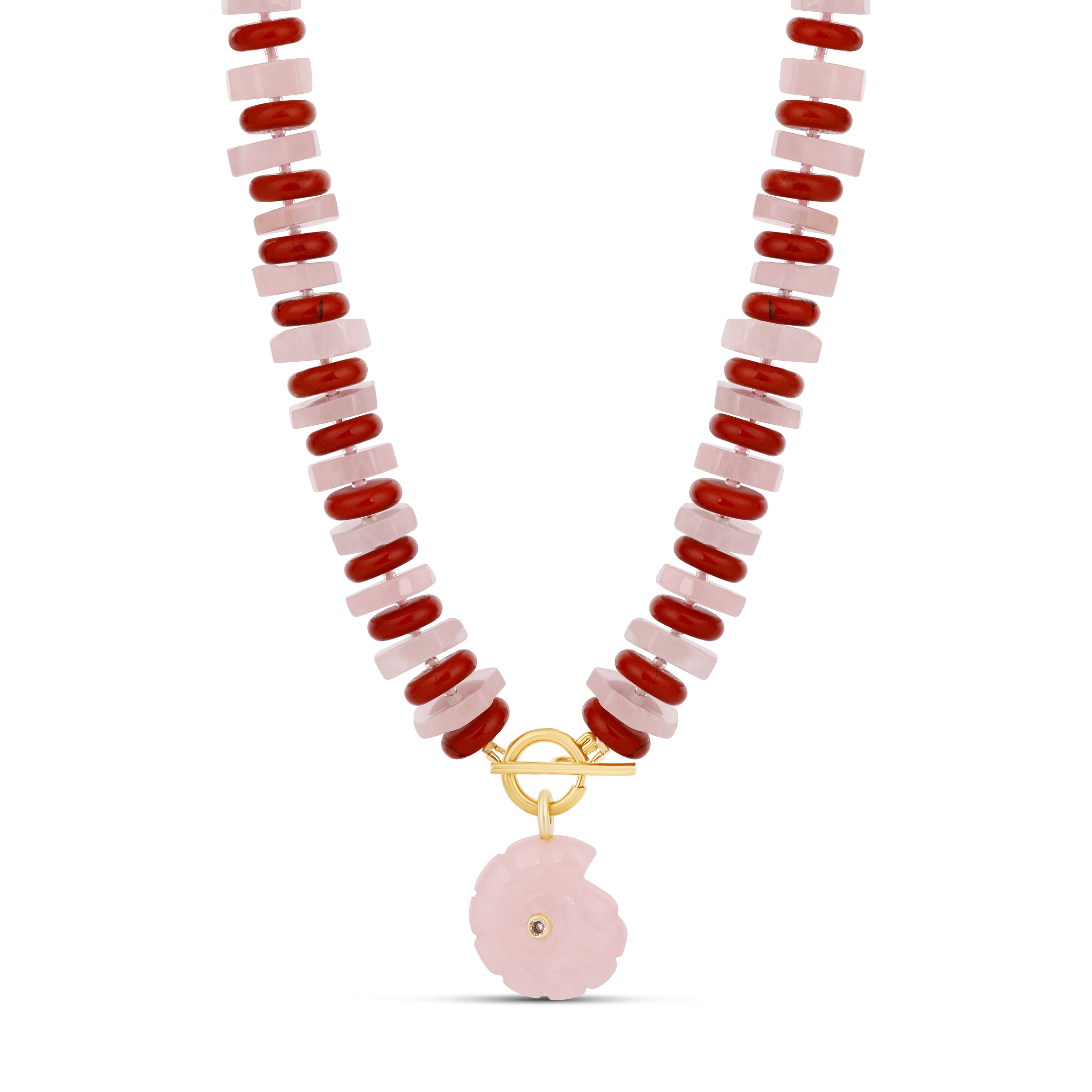 Rose & Red Beaded Shell Pendant Necklace
