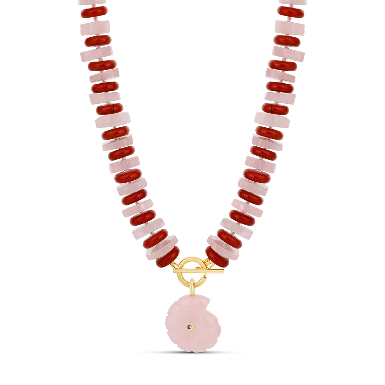 Rose & Red Beaded Shell Pendant Necklace