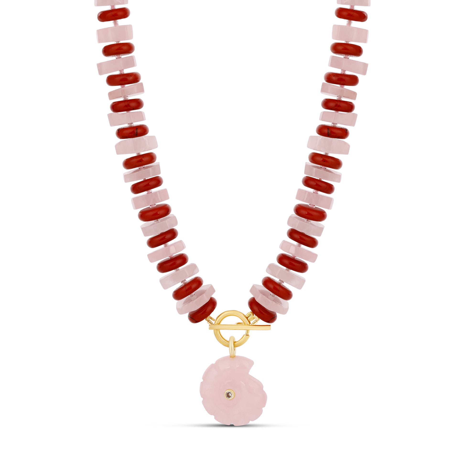 Rose & Red Beaded Shell Pendant Necklace