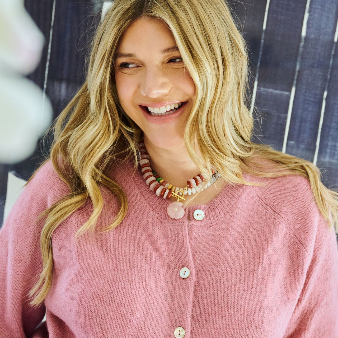 Rose & Red Beaded Shell Pendant Necklace