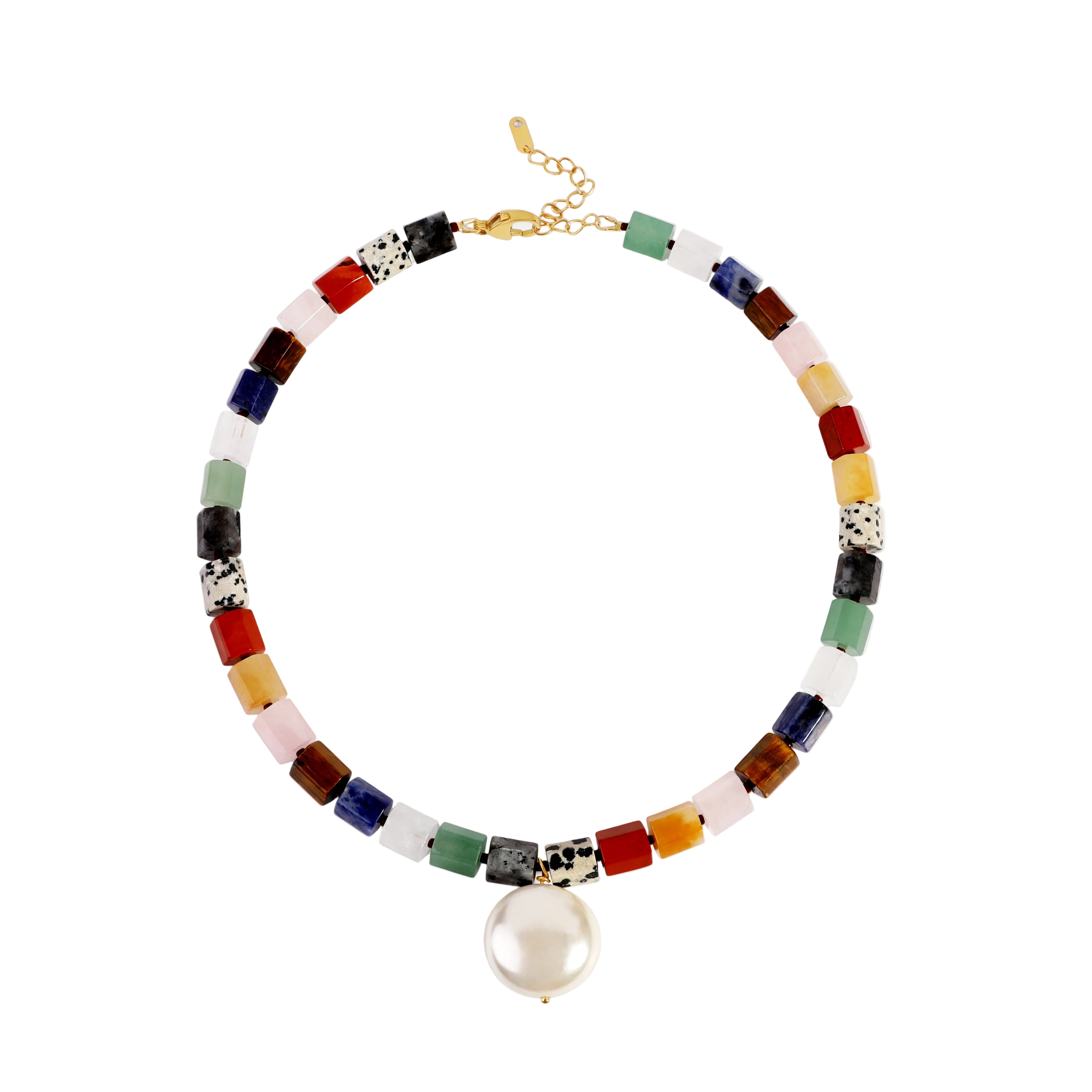 A multicolor beaded necklace with rectangular glass-like beads in various colors and patterns, featuring a large white pearl pendant at the bottom and a gold-tone clasp.
