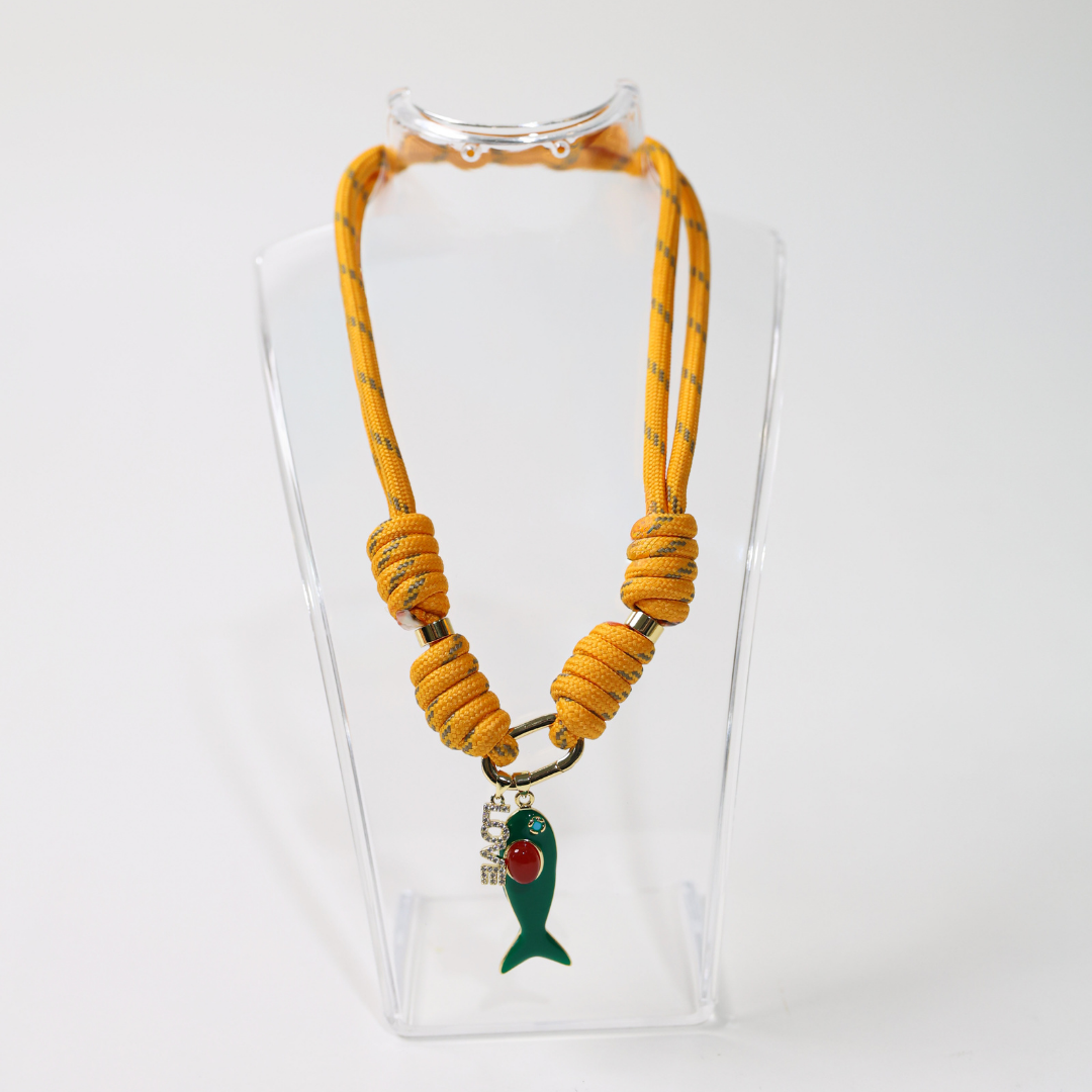 POP UPS X HANNAH B BOAT ROPE MUSTARD NECKLACE WITH GREEN ENAMEL FISH  & LOVE