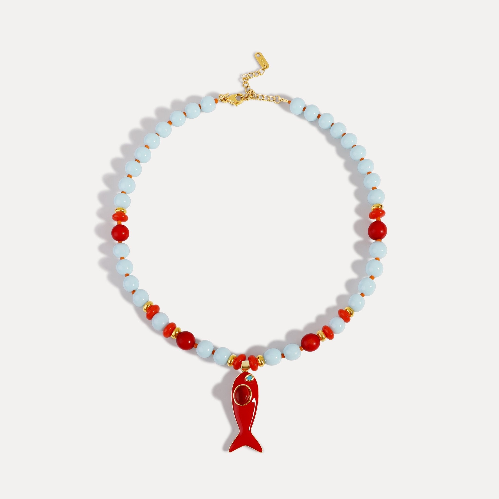 Coral Reef Fish Charm Necklace - Ocean Blue & Coral Beaded Necklace - Hannah B by Hannah Bender