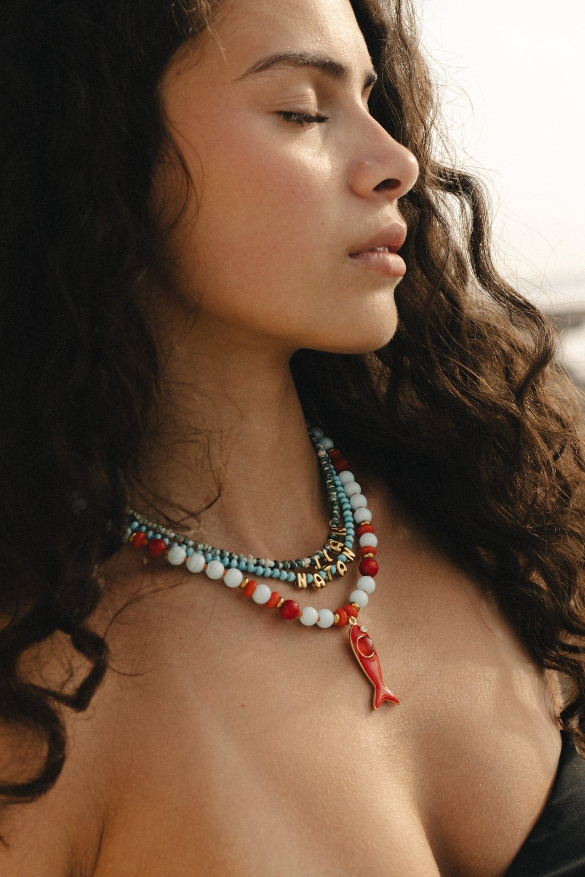 Coral Reef Fish Charm Necklace - Ocean Blue & Coral Beaded Necklace - Hannah B by Hannah Bender