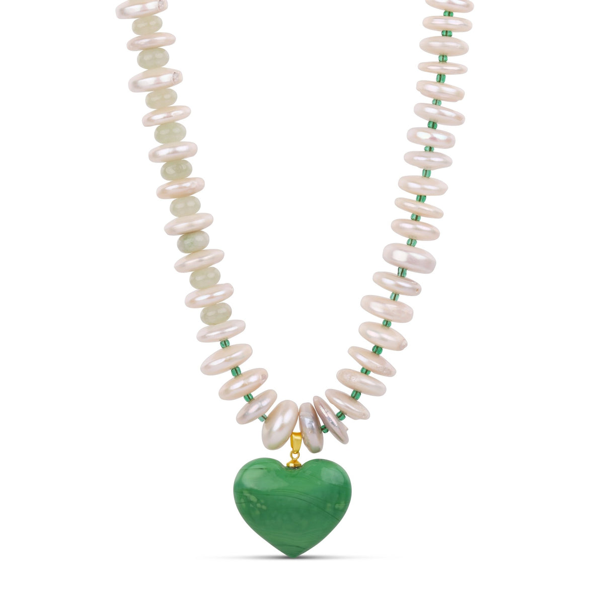Green Heart Pendant Necklace - Fresh Water Pearl & Murano Glass Necklace - Hannah B by Hannah Bender