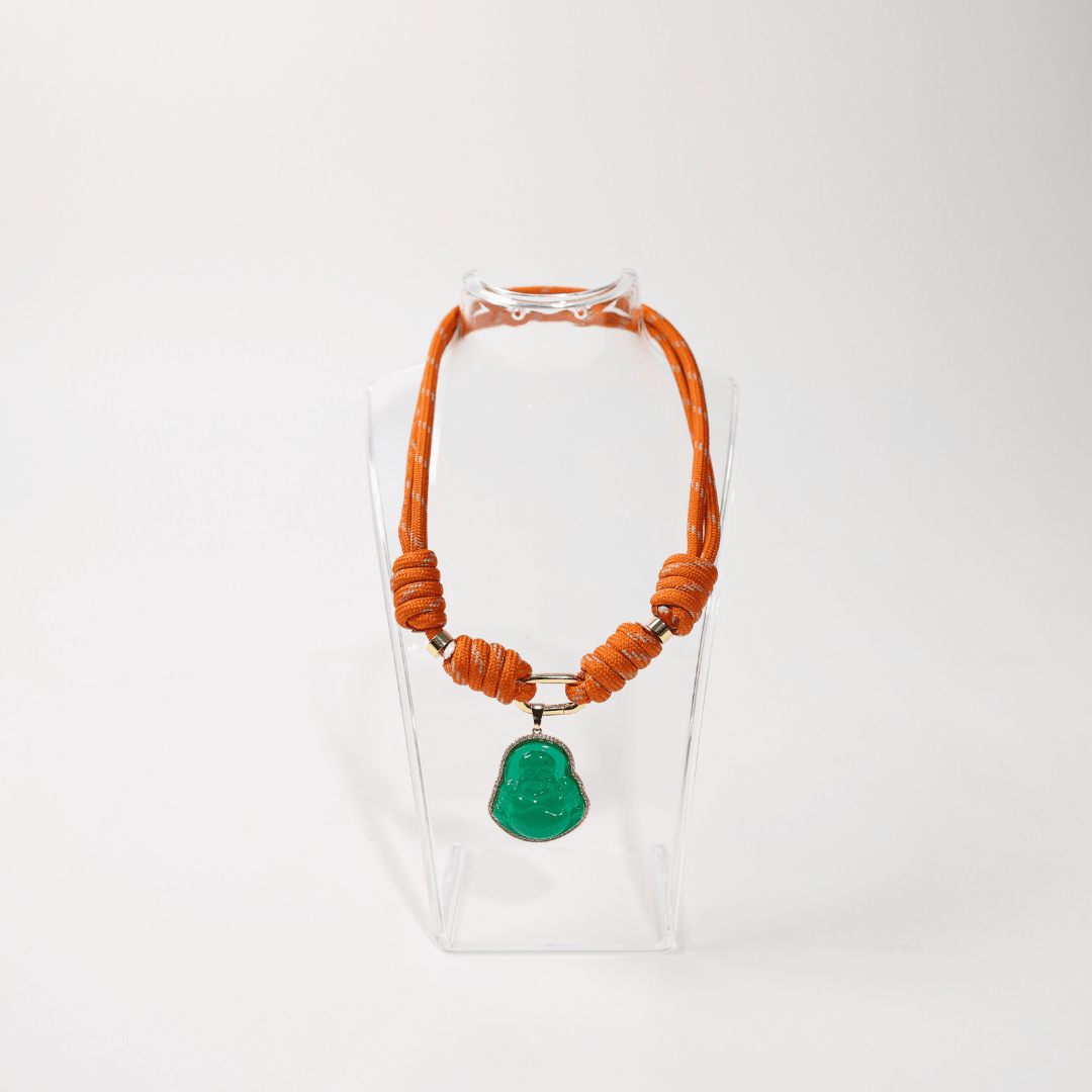 POP UPS X HANNAH B BOAT ROPE BURNT ORANGE NECKLACE WITH GREEN BUDDHA - Hannah B by Hannah Bender