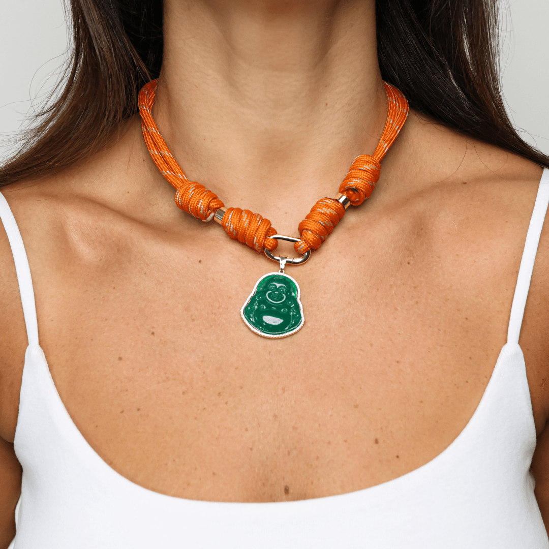 POP UPS X HANNAH B BOAT ROPE BURNT ORANGE NECKLACE WITH GREEN BUDDHA - Hannah B by Hannah Bender