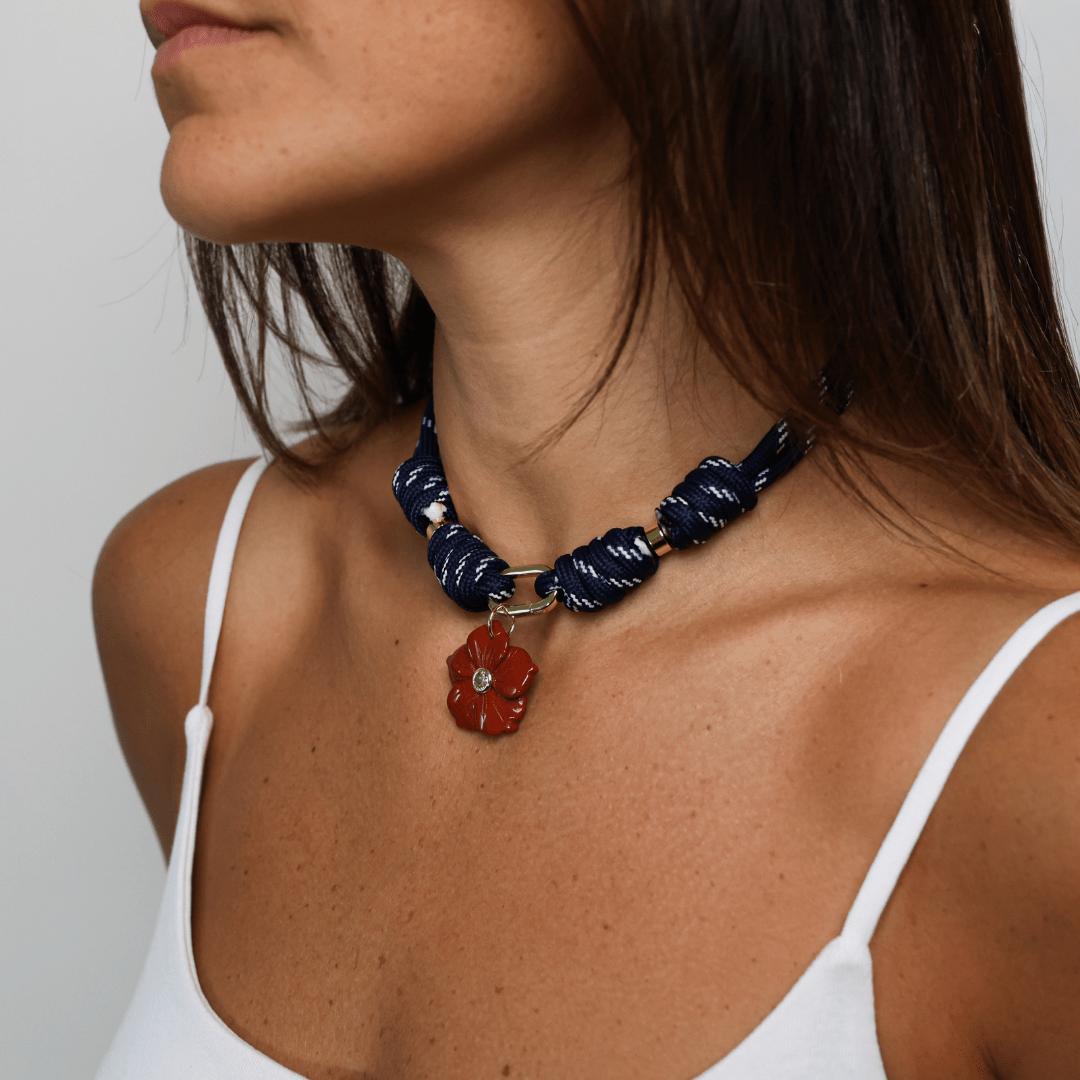 POP UPS X HANNAH B BOAT ROPE DEEP BLUE NECKLACE WITH RED HIBISCUS - Hannah B by Hannah Bender