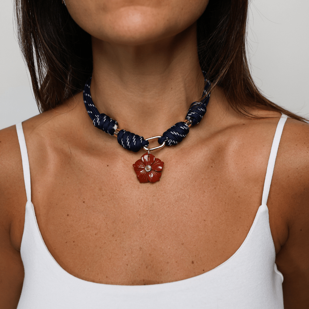 POP UPS X HANNAH B BOAT ROPE DEEP BLUE NECKLACE WITH RED HIBISCUS - Hannah B by Hannah Bender