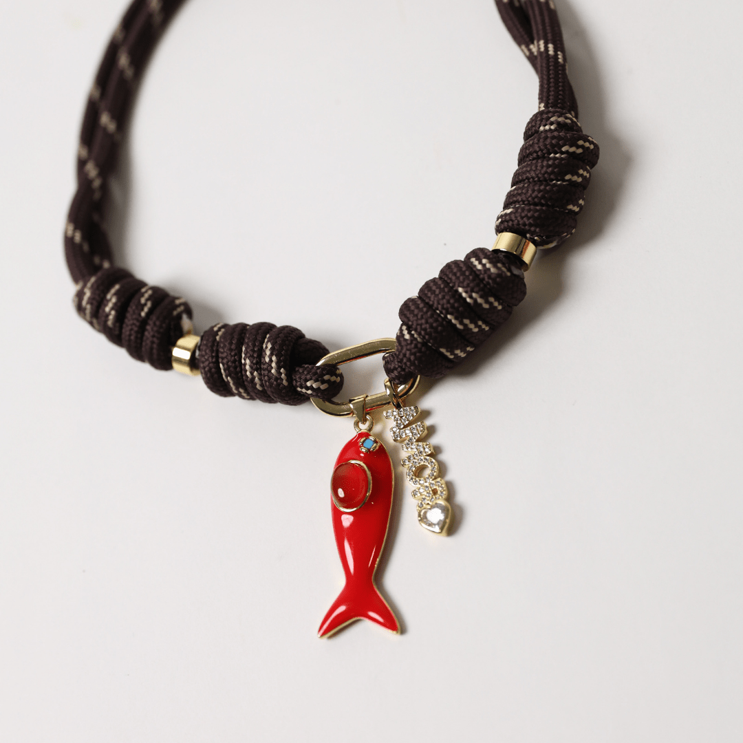 POP UPS X HANNAH B BOAT ROPE ESPRESSO NECKLACE WITH RED ENAMEL FISH & AMORE - Hannah B by Hannah Bender
