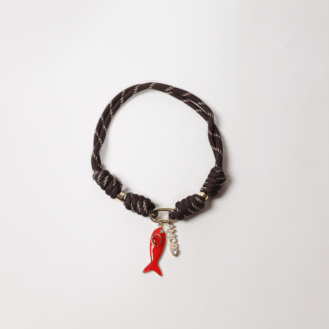 POP UPS X HANNAH B BOAT ROPE ESPRESSO NECKLACE WITH RED ENAMEL FISH & AMORE - Hannah B by Hannah Bender