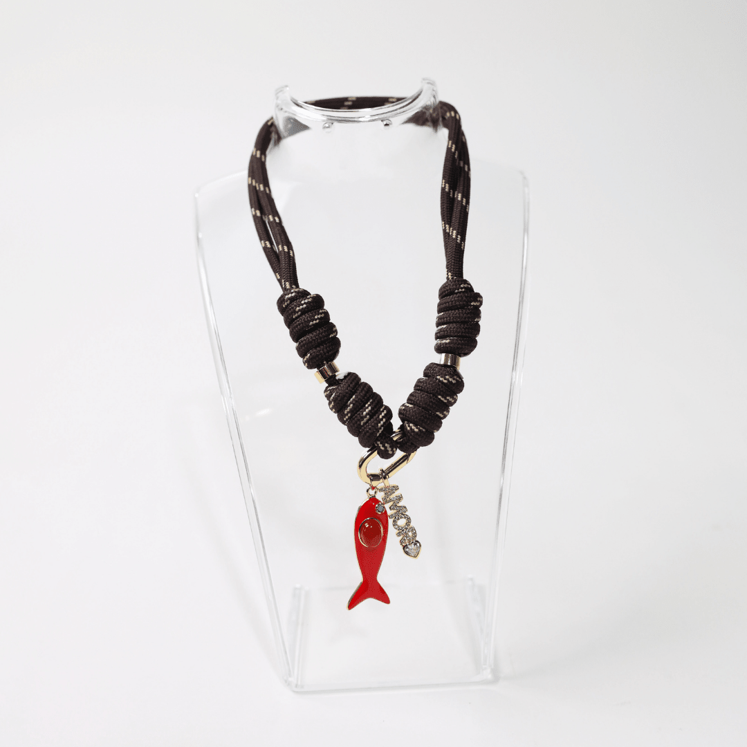 POP UPS X HANNAH B BOAT ROPE ESPRESSO NECKLACE WITH RED ENAMEL FISH & AMORE - Hannah B by Hannah Bender