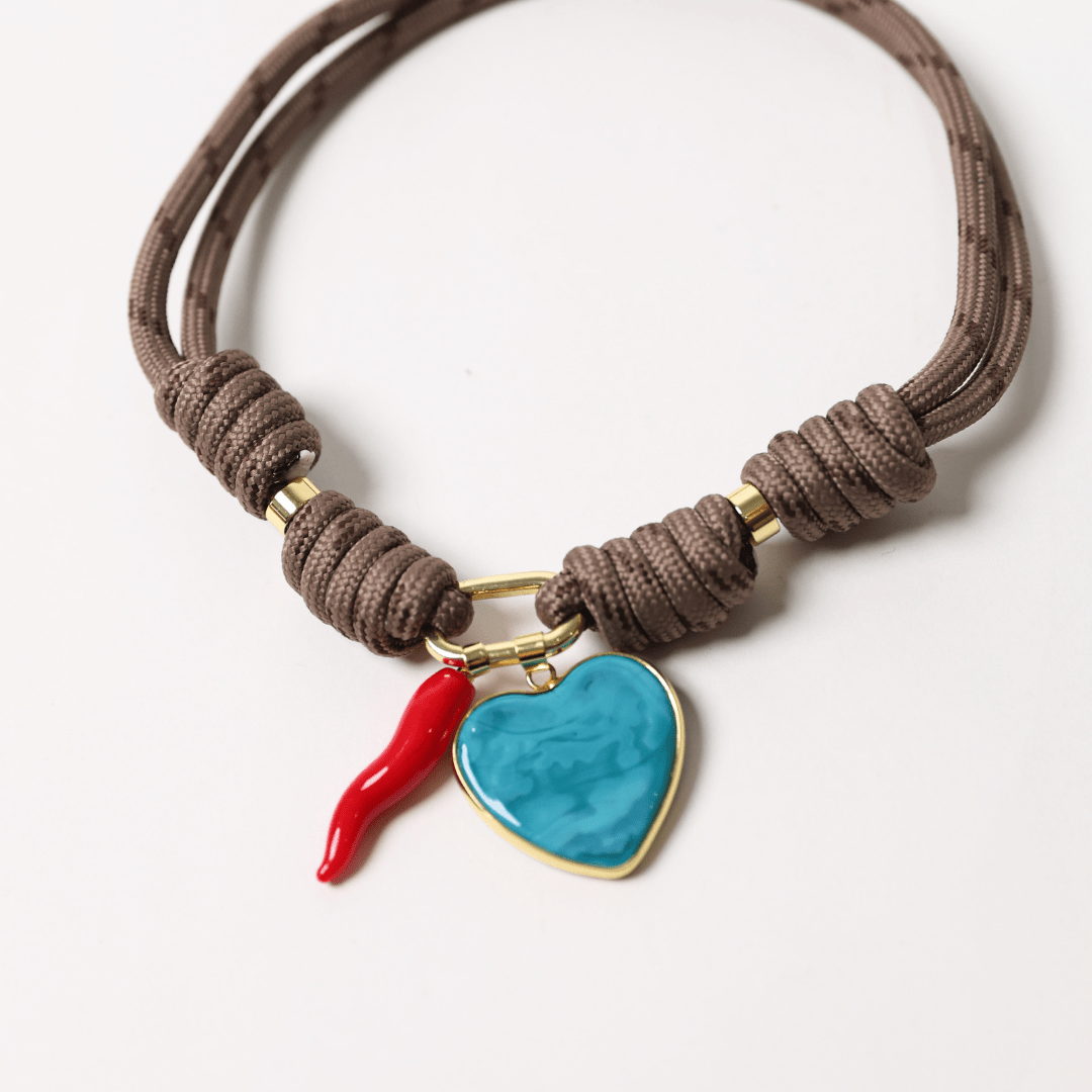 POP UPS X HANNAH B BOAT ROPE MOCHA NECKLACE WITH BLUE HEART & RED CHILI - Hannah B by Hannah Bender