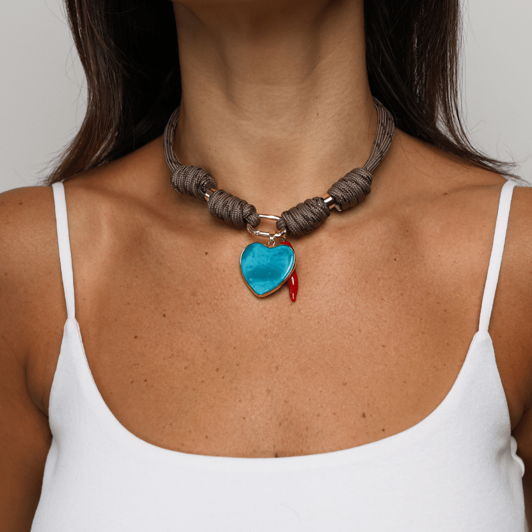 POP UPS X HANNAH B BOAT ROPE MOCHA NECKLACE WITH BLUE HEART & RED CHILI - Hannah B by Hannah Bender