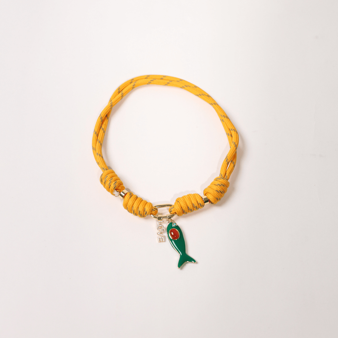 POP UPS X HANNAH B BOAT ROPE MUSTARD NECKLACE WITH GREEN ENAMEL FISH & LOVE - Hannah B by Hannah Bender