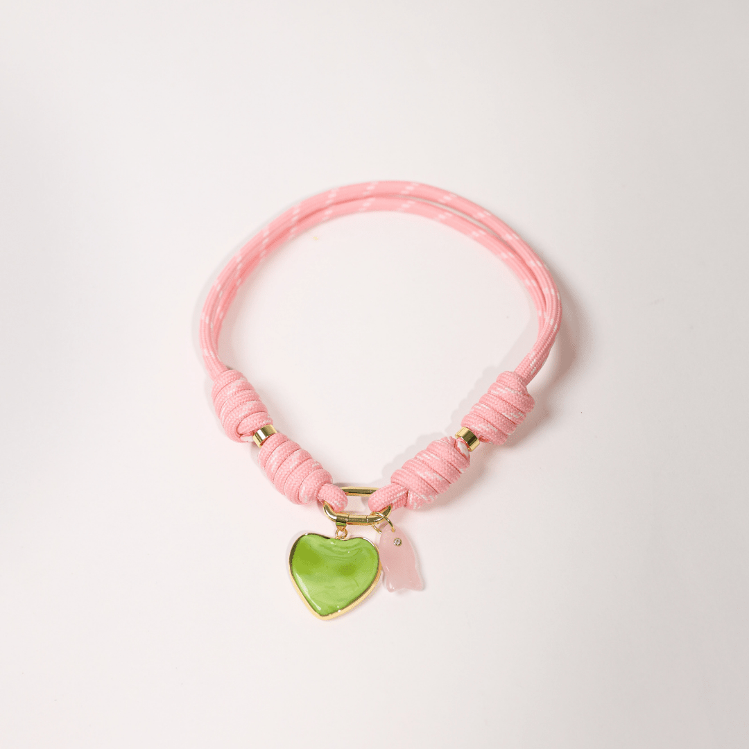 POP UPS X HANNAH B BOAT ROPE PRETTY IN PINK NECKLACE WITH GREEN HEART & PINK FISH - Hannah B by Hannah Bender