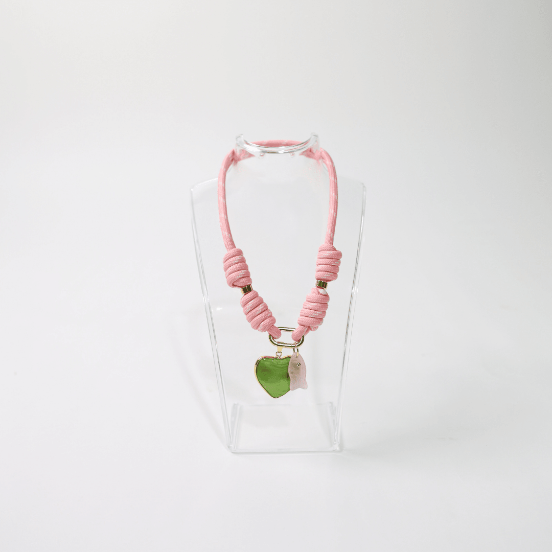 POP UPS X HANNAH B BOAT ROPE PRETTY IN PINK NECKLACE WITH GREEN HEART & PINK FISH - Hannah B by Hannah Bender