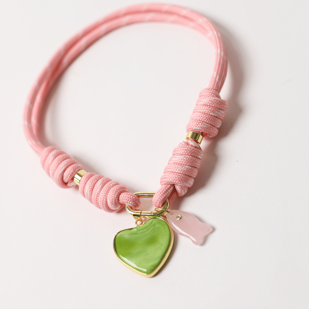 POP UPS X HANNAH B BOAT ROPE PRETTY IN PINK NECKLACE WITH GREEN HEART & PINK FISH - Hannah B by Hannah Bender
