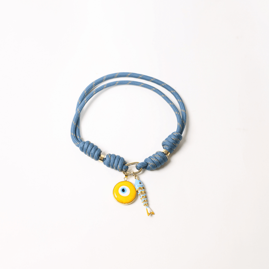 POP UPS X HANNAH B BOAT ROPE STORMY BLUE NECKLACE WITH YELLOW SARDINE & YELLOW EVIL EYE - Hannah B by Hannah Bender