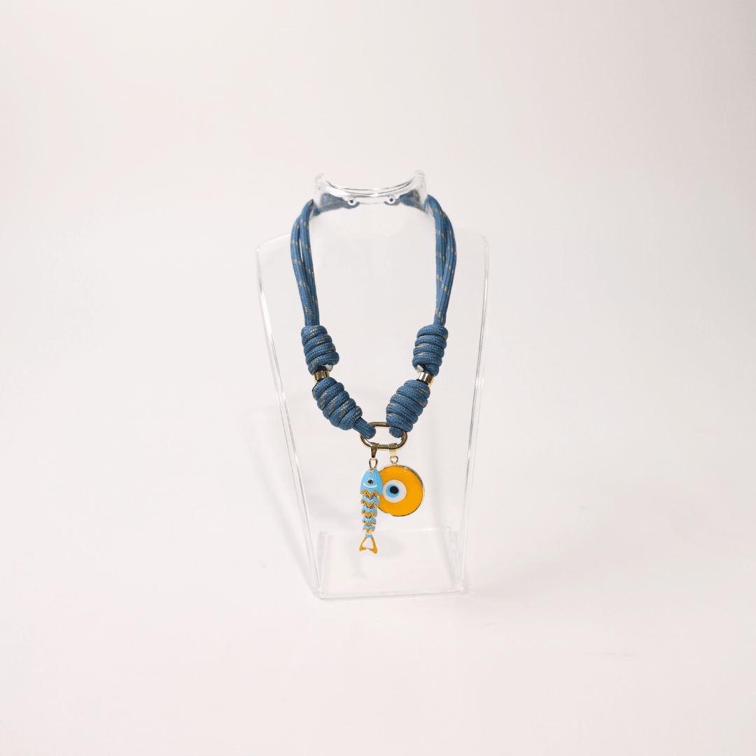 POP UPS X HANNAH B BOAT ROPE STORMY BLUE NECKLACE WITH YELLOW SARDINE & YELLOW EVIL EYE - Hannah B by Hannah Bender