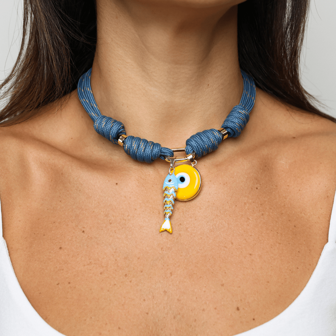 POP UPS X HANNAH B BOAT ROPE STORMY BLUE NECKLACE WITH YELLOW SARDINE & YELLOW EVIL EYE - Hannah B by Hannah Bender